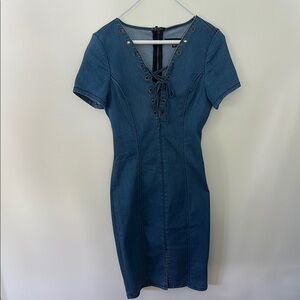 Guess Blue Lace-Up Denim Dress